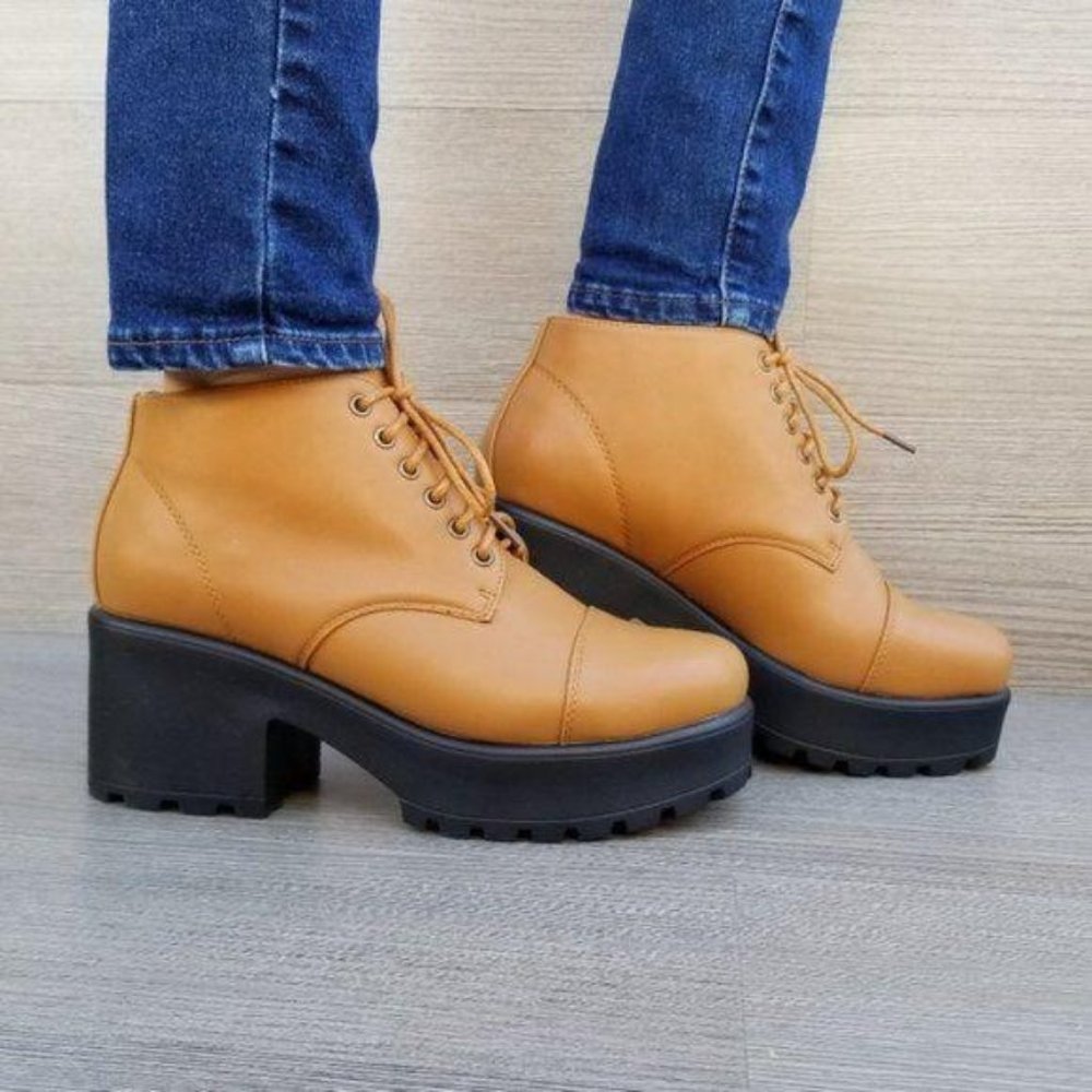 Platform Lace-Up Ankle Booties in Camel